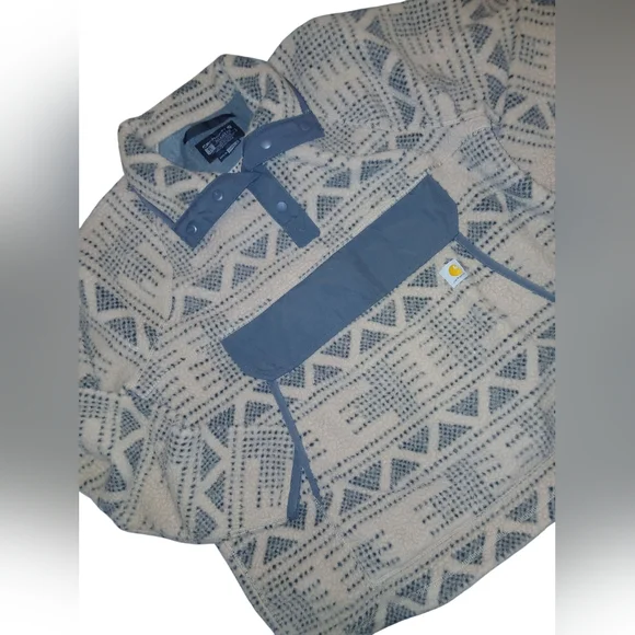 Carhartt Womens Relaxed Fit Tan + Gray Geometric Fleece Pullover XL - Picture 9 of 14